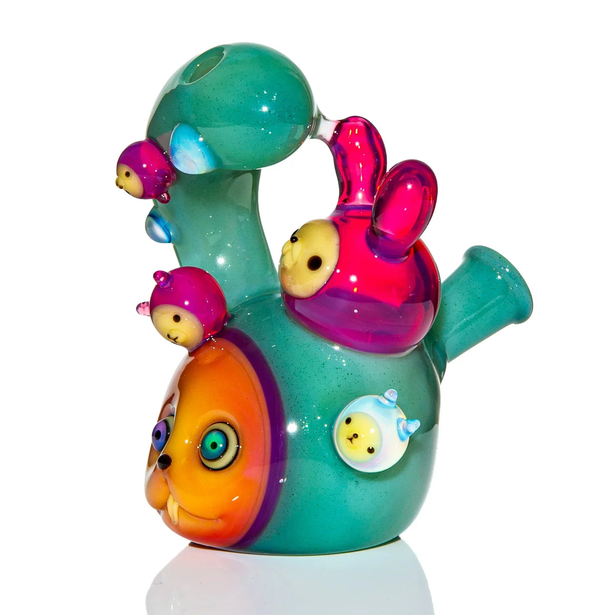 Colorful glass art bong with animal faces and whimsical details for smoking enthusiasts
