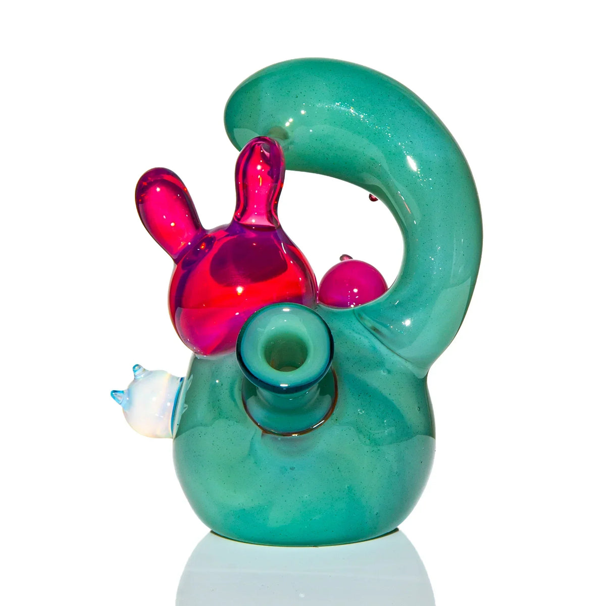 Colorful glass water pipe with teal, red, and white sculpted accents on white background.