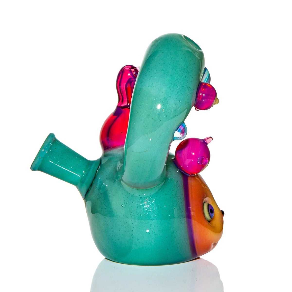 Colorful heady glass water pipe with teal body, pink accents, and unique art design