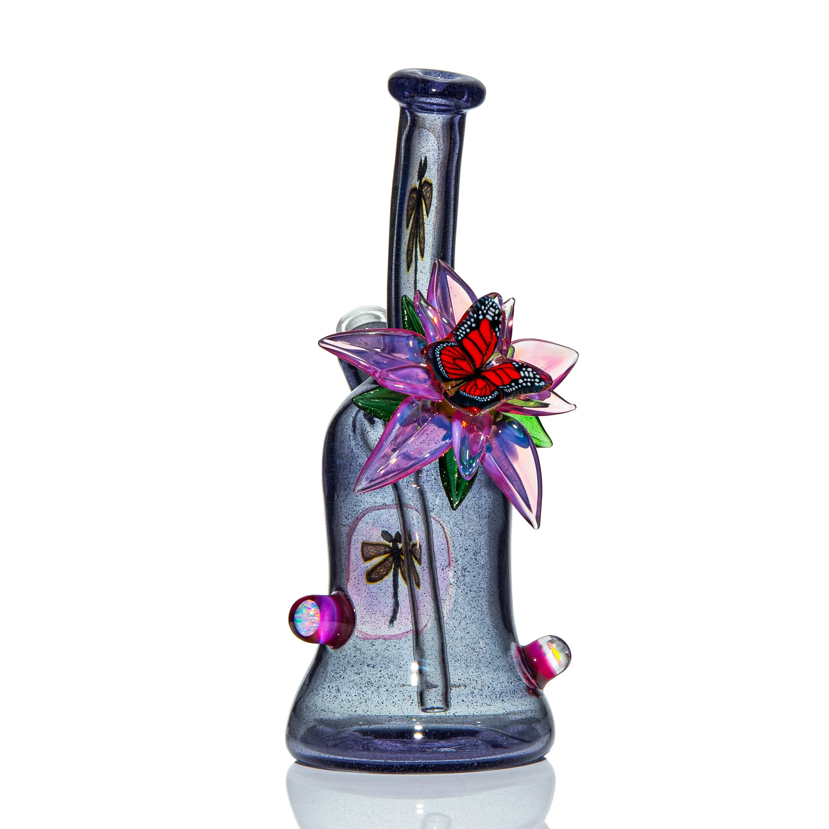 Heady glass water pipe with purple accents, flower design, and butterfly decoration