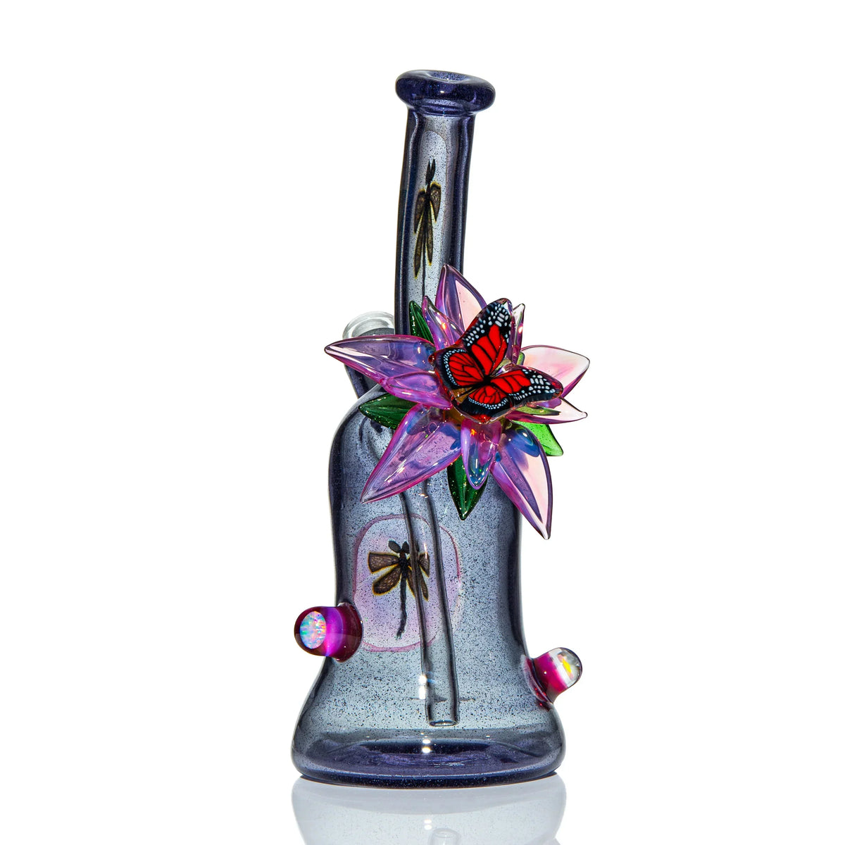 Heady glass water pipe with purple accents, flower design, and butterfly decoration