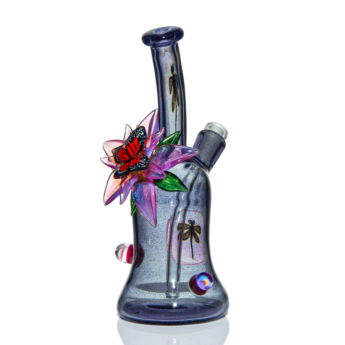 Artistic glass water pipe with purple body, flower, and butterfly design