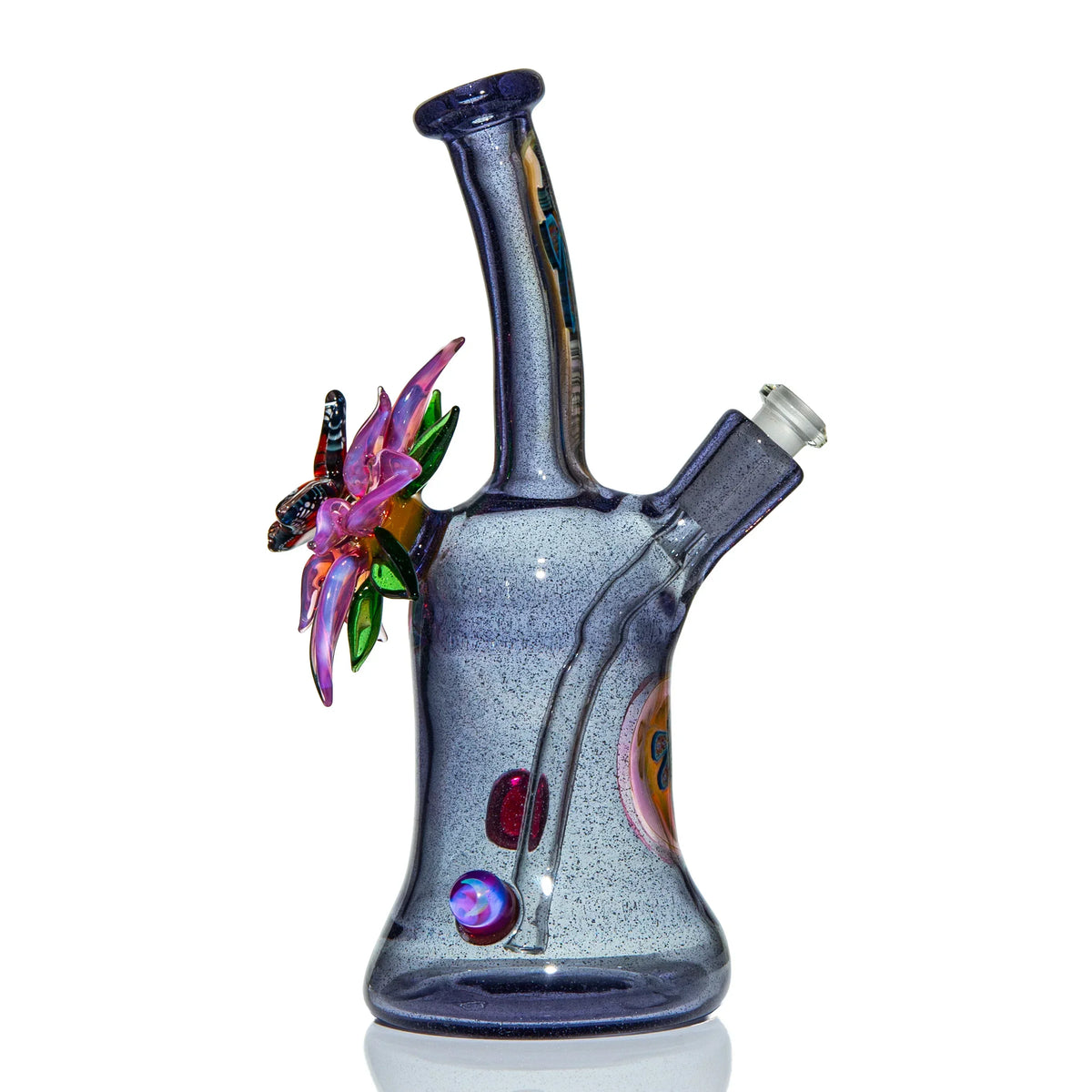 Handcrafted glass water pipe with sculpted purple flower and dragonfly accents