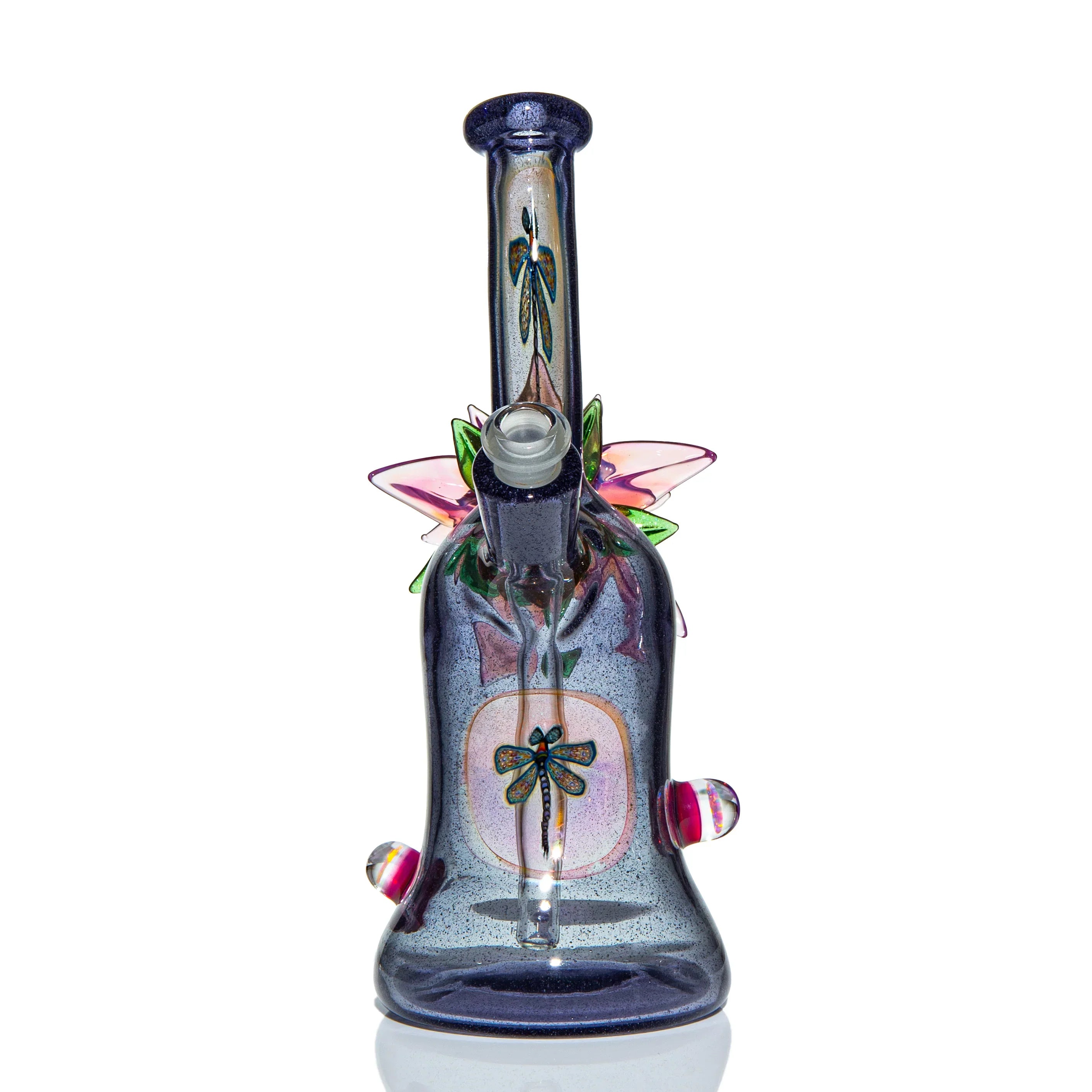 Handcrafted glass water pipe with dragonfly design and colorful leaf accents