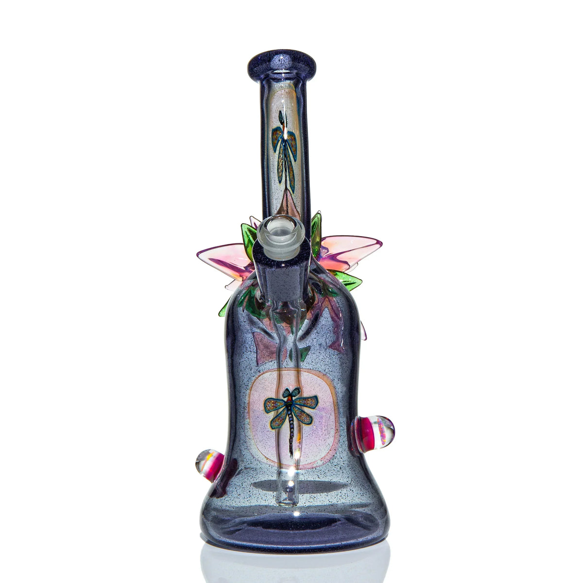 Handcrafted glass water pipe with dragonfly design and colorful leaf accents