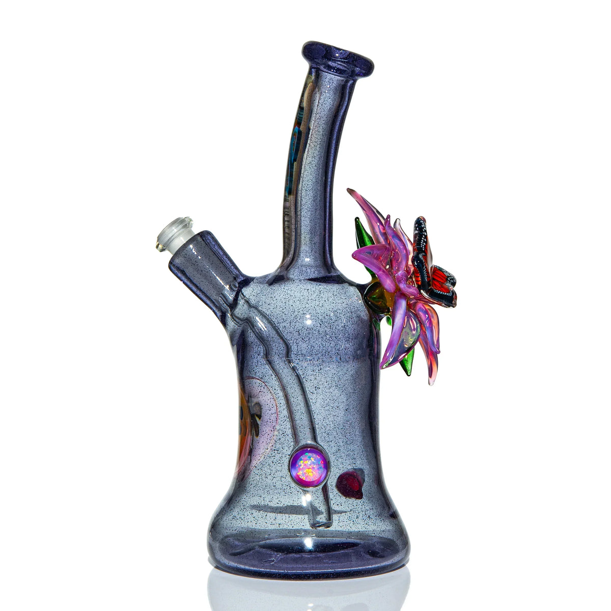 Handcrafted glass water pipe with purple body, decorative flower, and butterfly accent