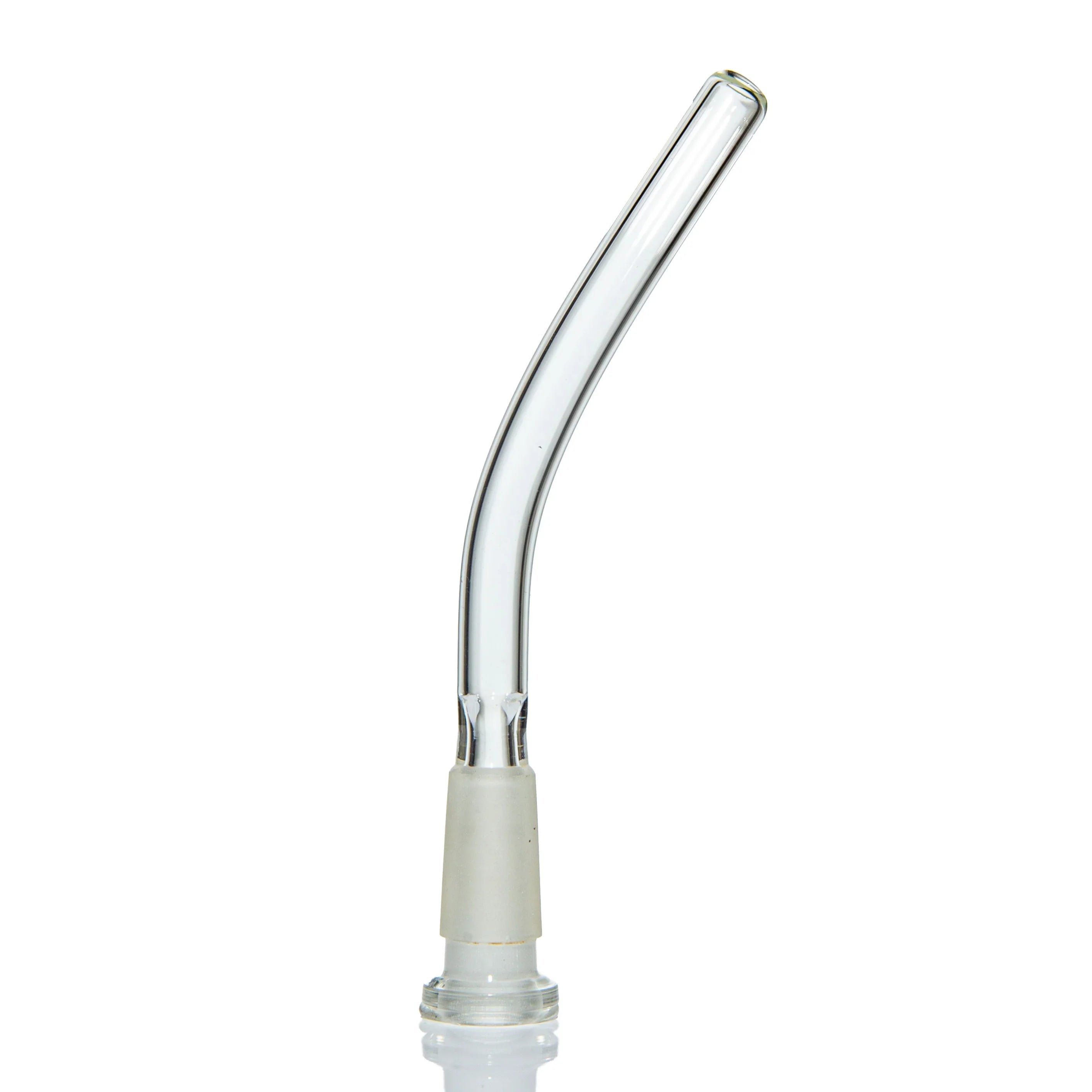 Clear glass vaporizer mouthpiece with curved tube and frosted joint on white background