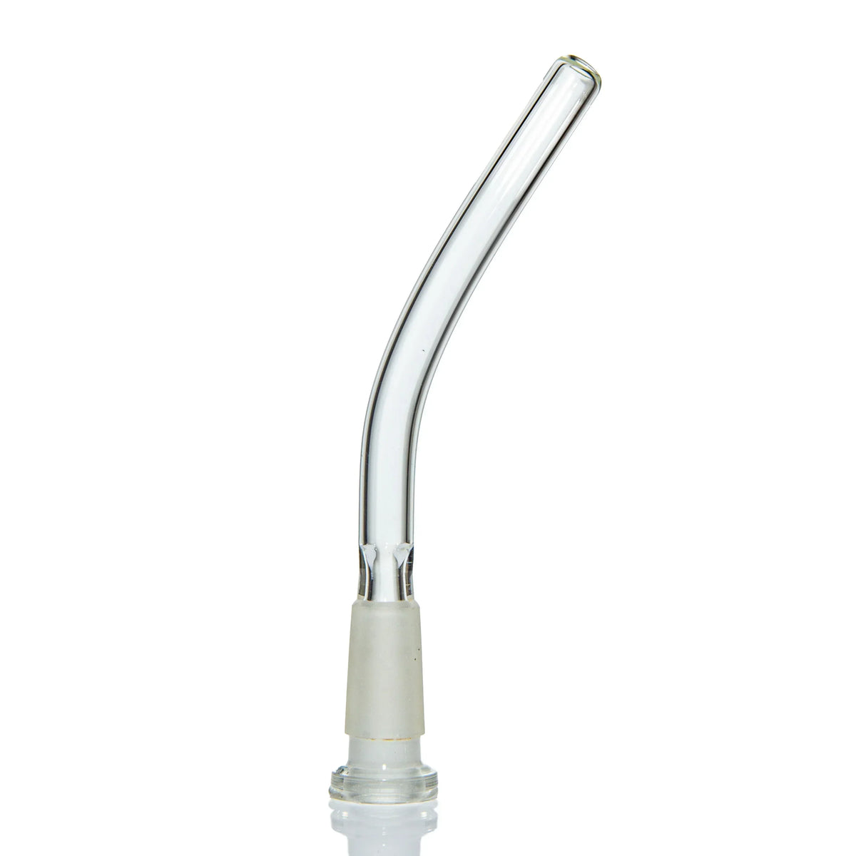 Clear glass vaporizer mouthpiece with curved tube and frosted joint on white background