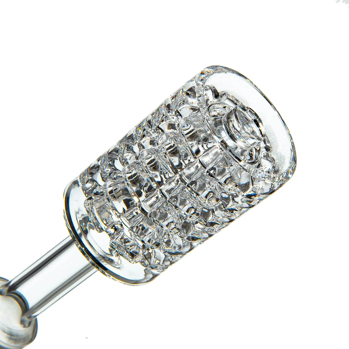 Close-up of intricate clear glass water pipe attachment with grid pattern on white background