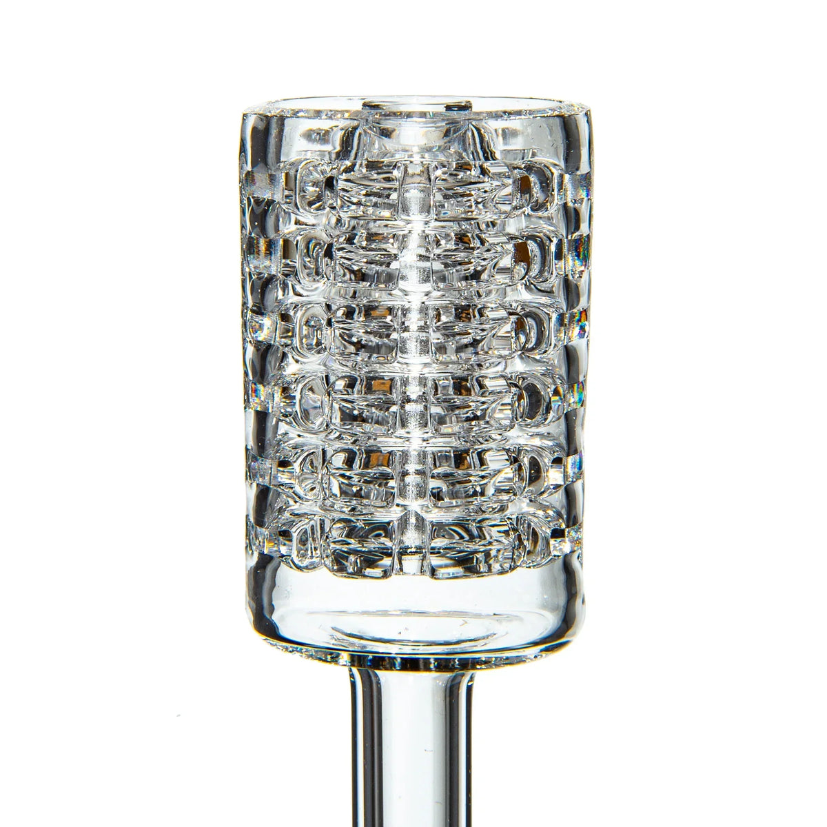 Close-up of a clear glass percolator with intricate grid design for smoking accessories