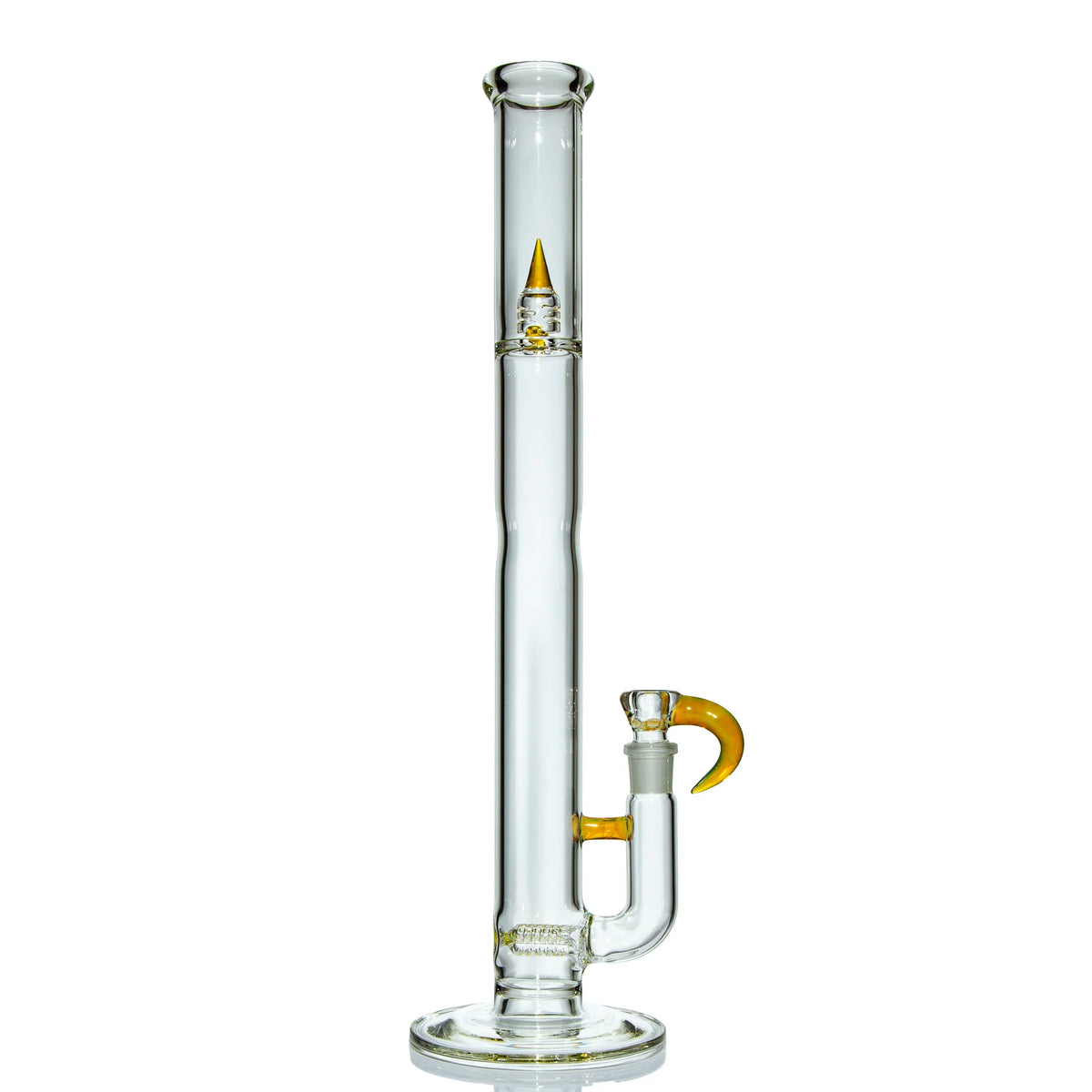 Tall clear glass water pipe with yellow accents and unique curved handle on white background.