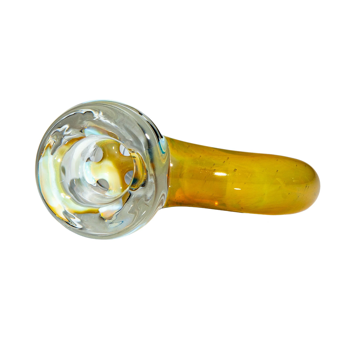 Hand-blown glass pipe with amber and clear swirl design on white background