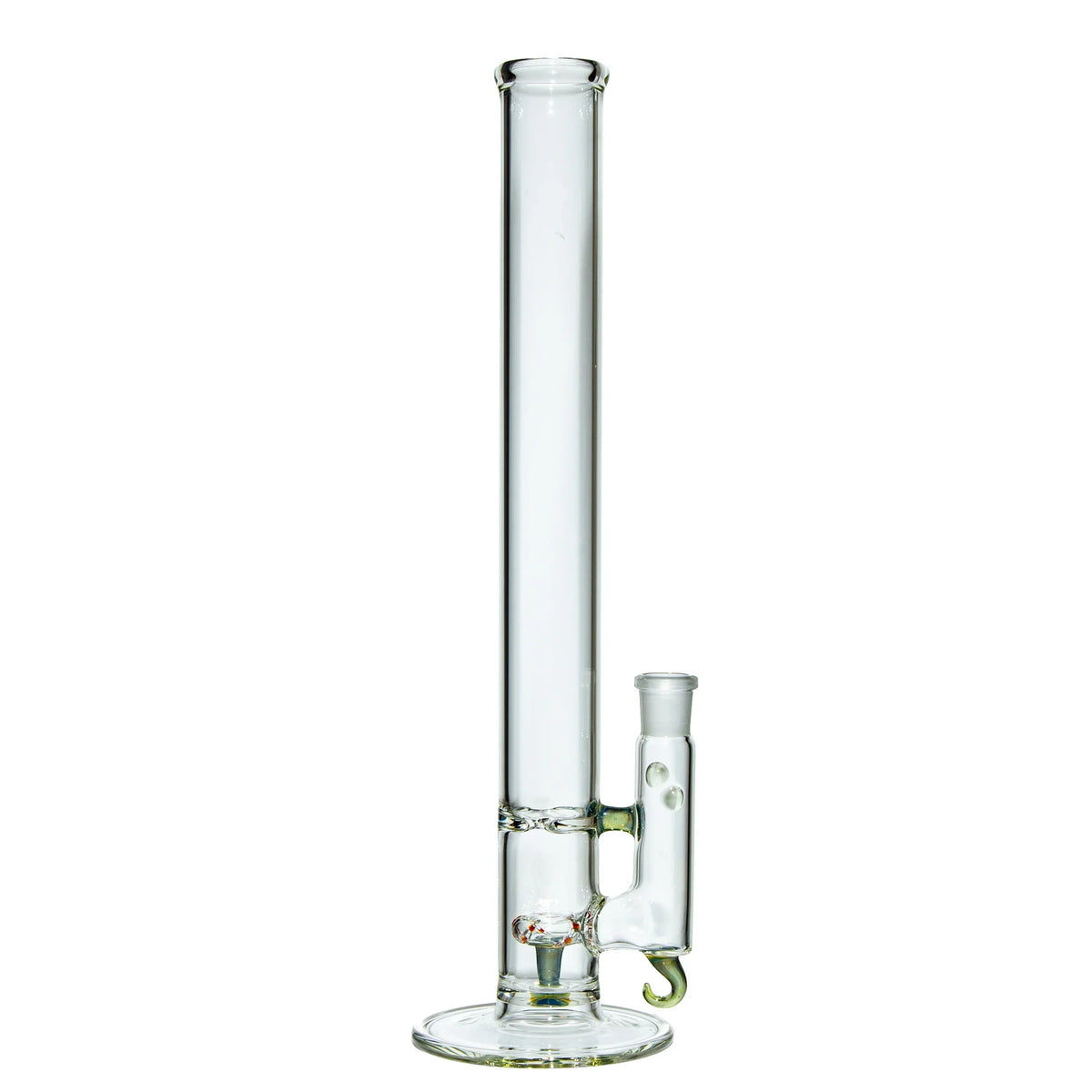 Clear glass straight tube water pipe with wide base and side percolator attachment