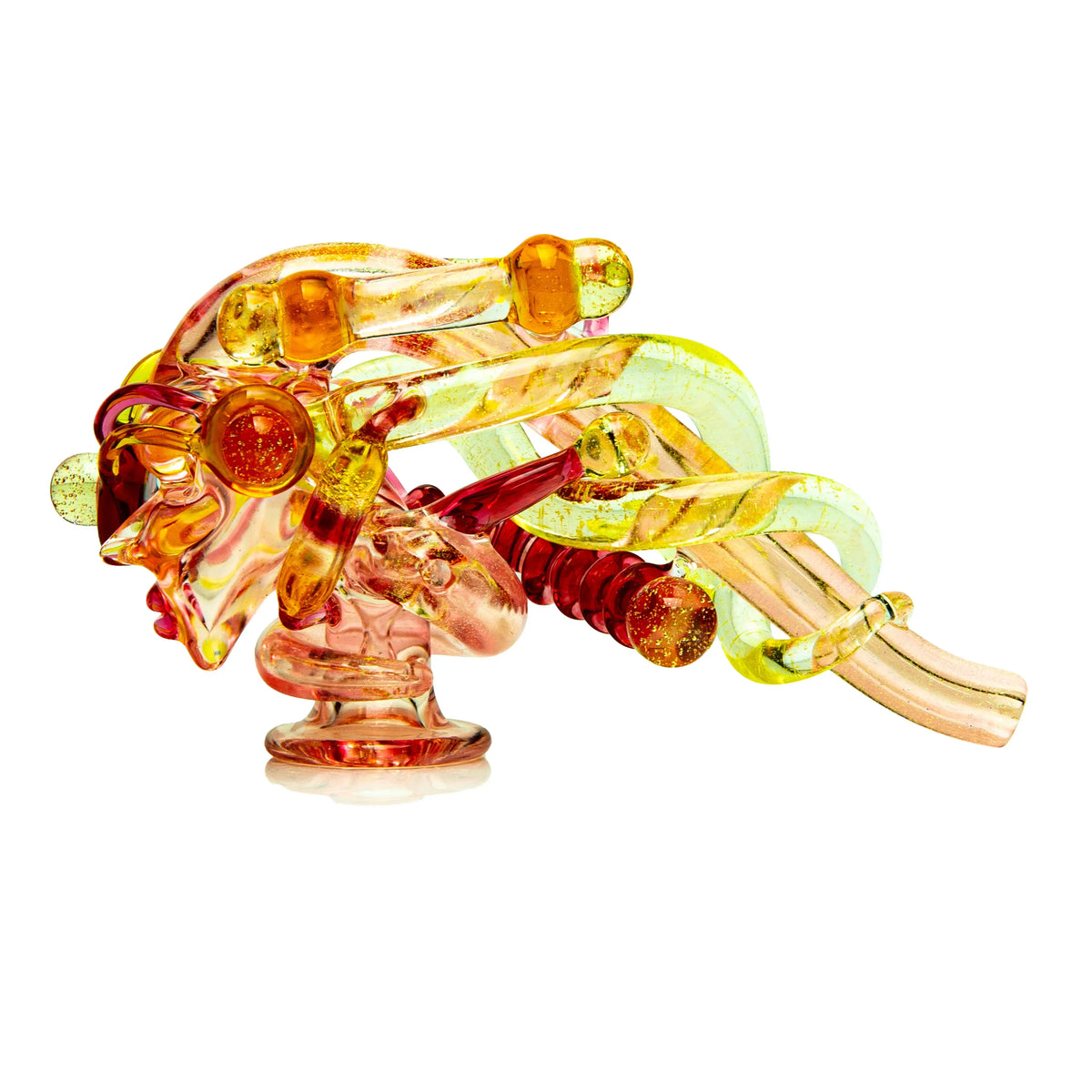 Heady glass pipe with intricate yellow and orange swirls, sculpted artistic design