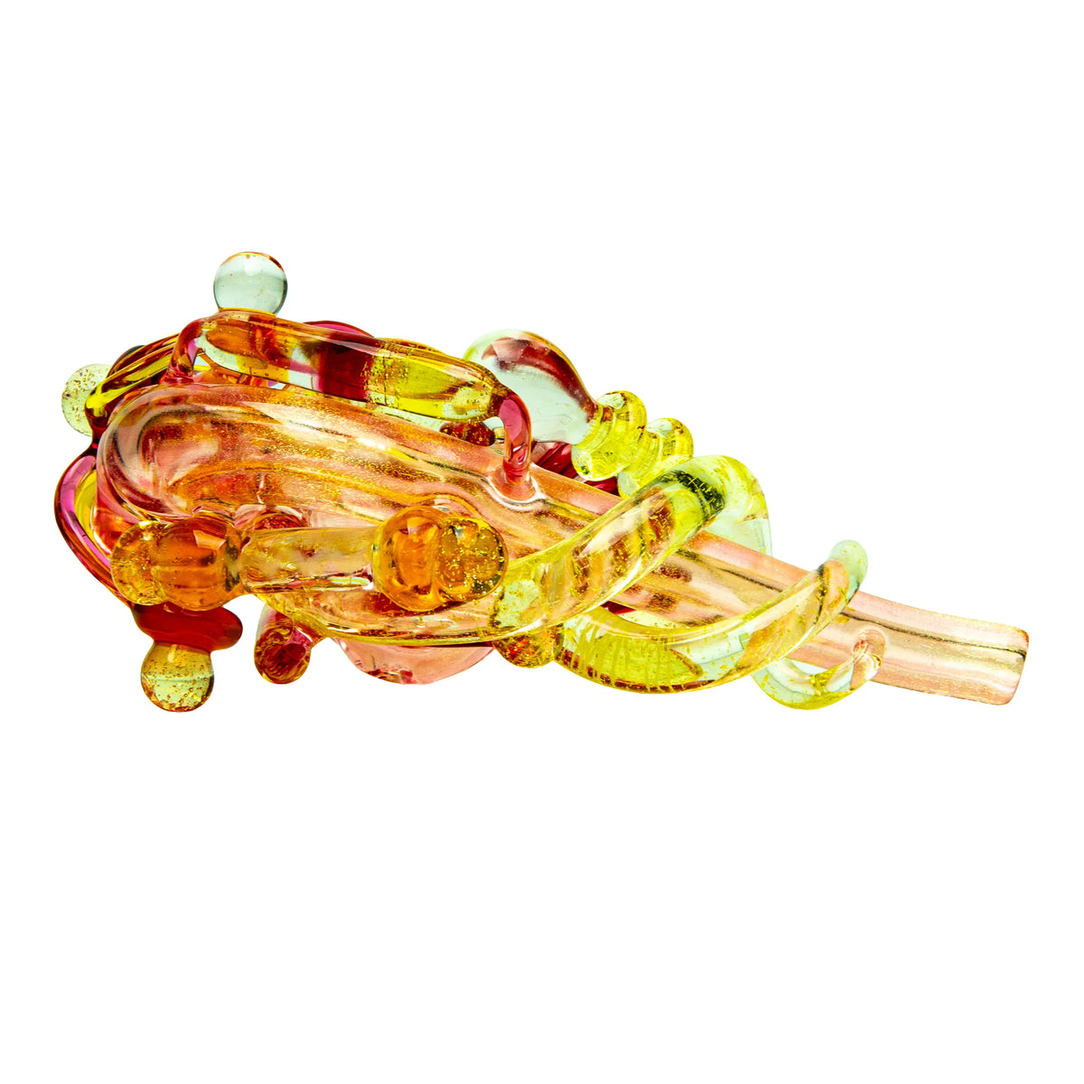 Hand-blown glass pipe with vibrant yellow and orange accents on a white background