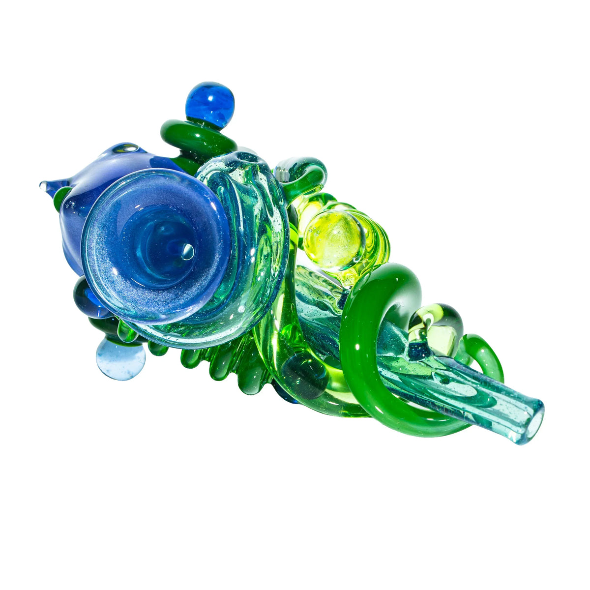 Colorful blue and green hand-blown glass pipe with unique artistic design on white background