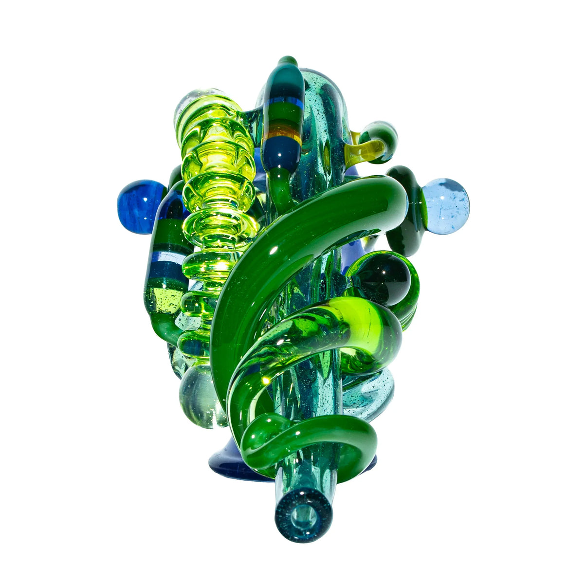 Heady glass pipe with green and blue artistic swirls and intricate details on white background