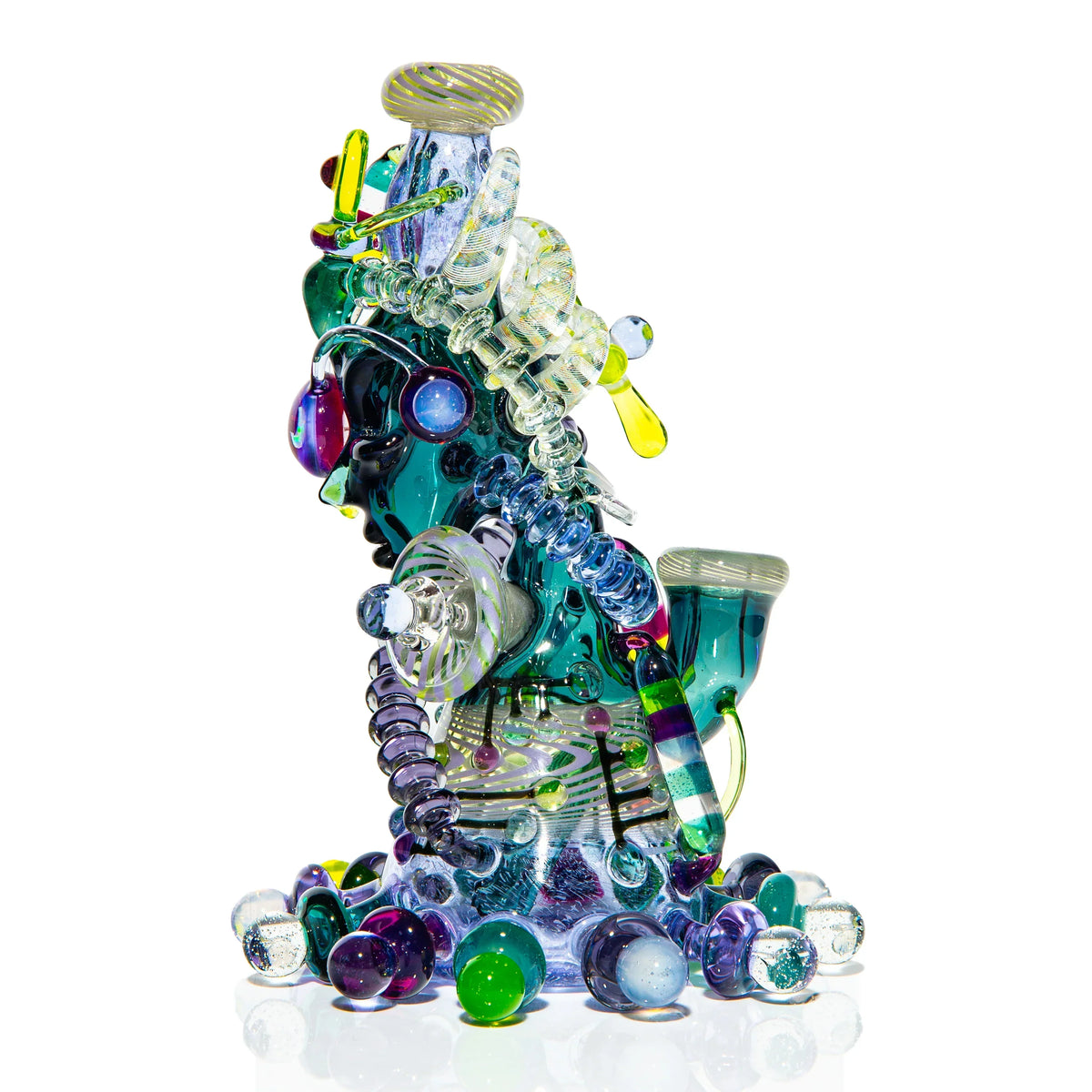 Heady glass art water pipe with colorful marbles, intricate tubing, and vibrant accents