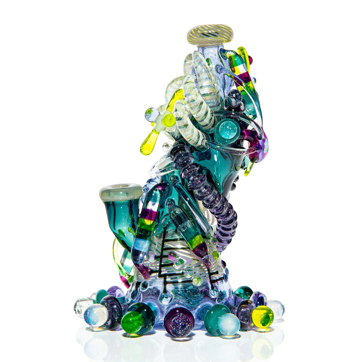 Heady glass water pipe with intricate, colorful details and marble accents on a white background.