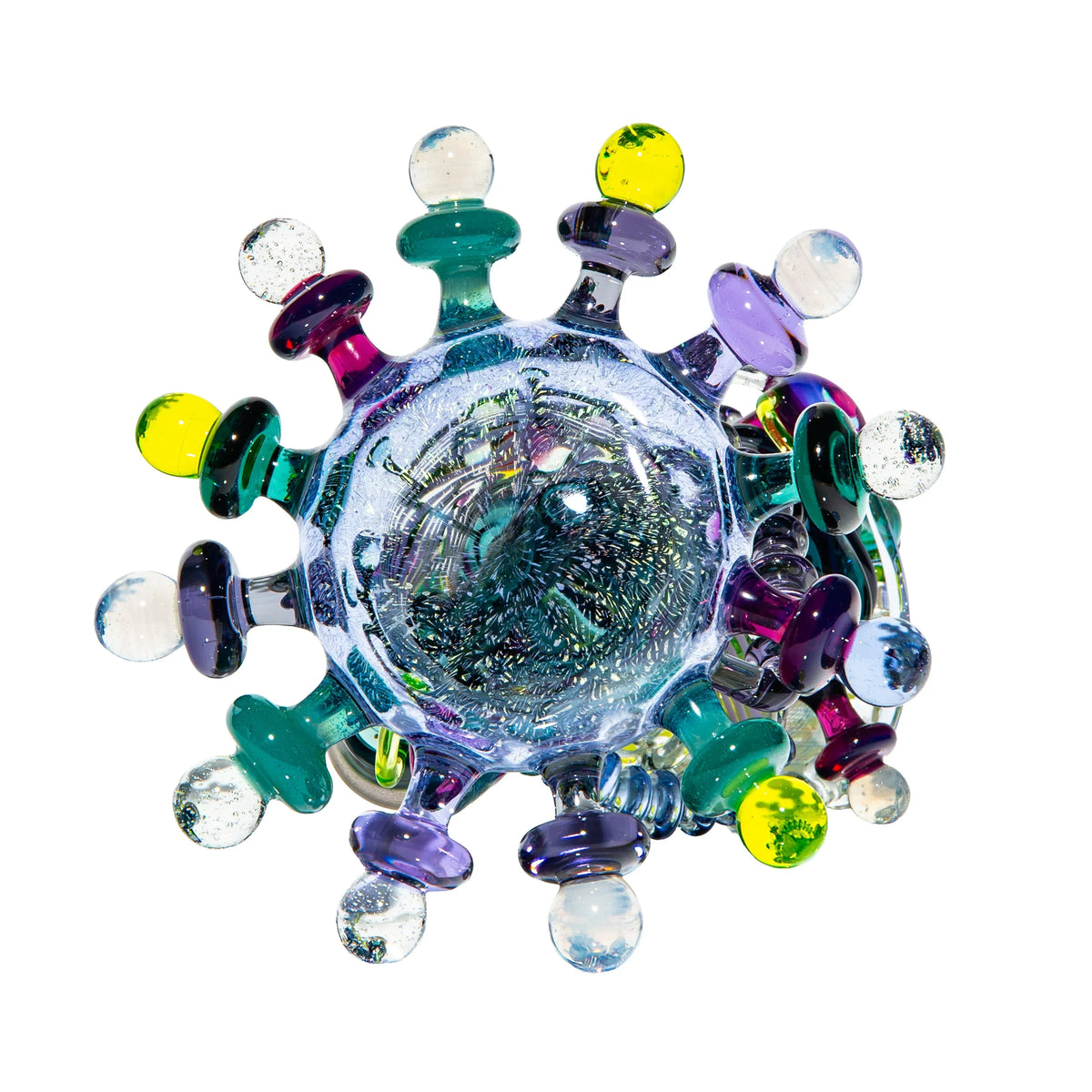 Colorful handmade glass art piece with multiple marbled knobs and intricate patterns