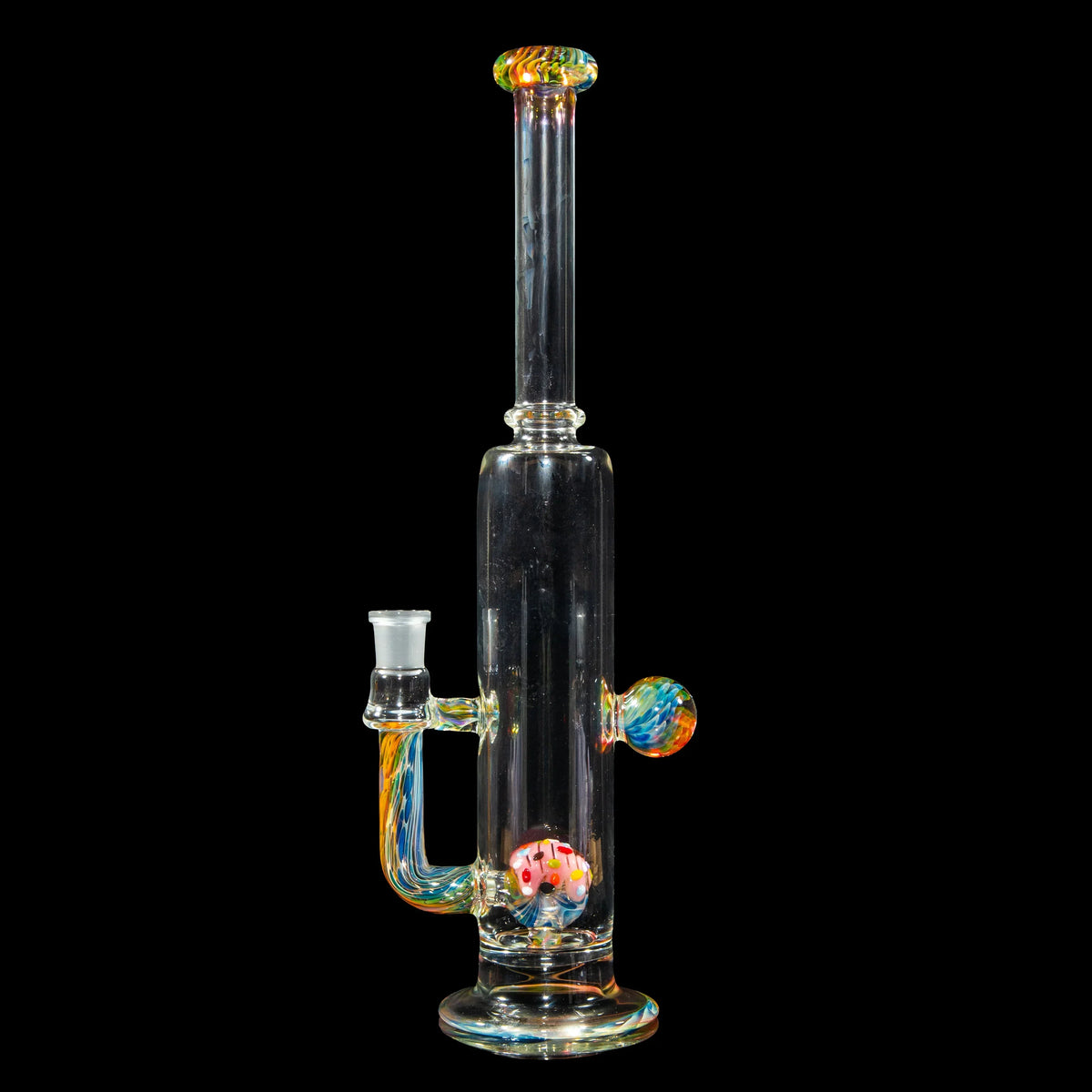 Heady glass water pipe with colorful accents and marble details on black background