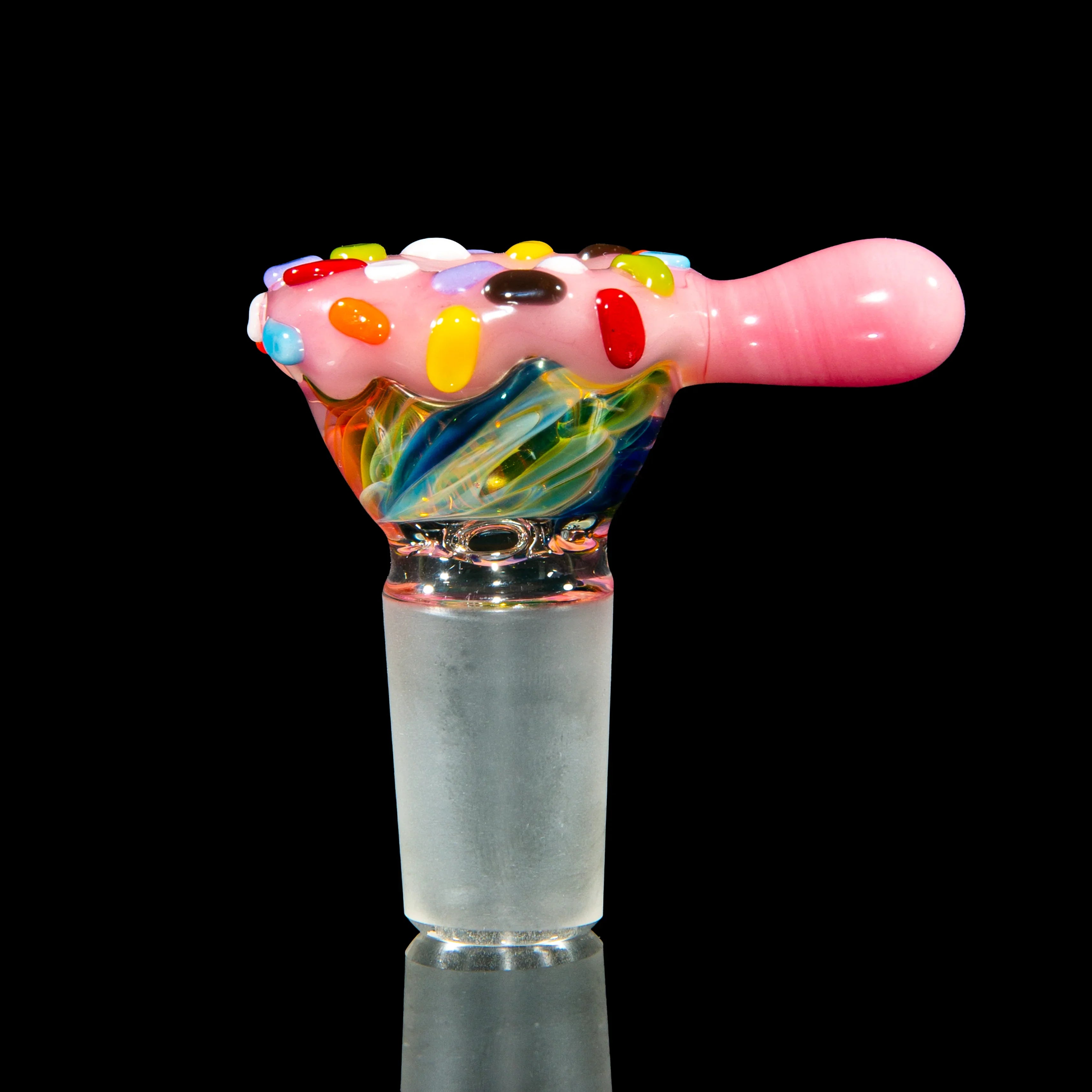 Colorful glass bowl piece with pink frosting and candy sprinkle design for water pipe