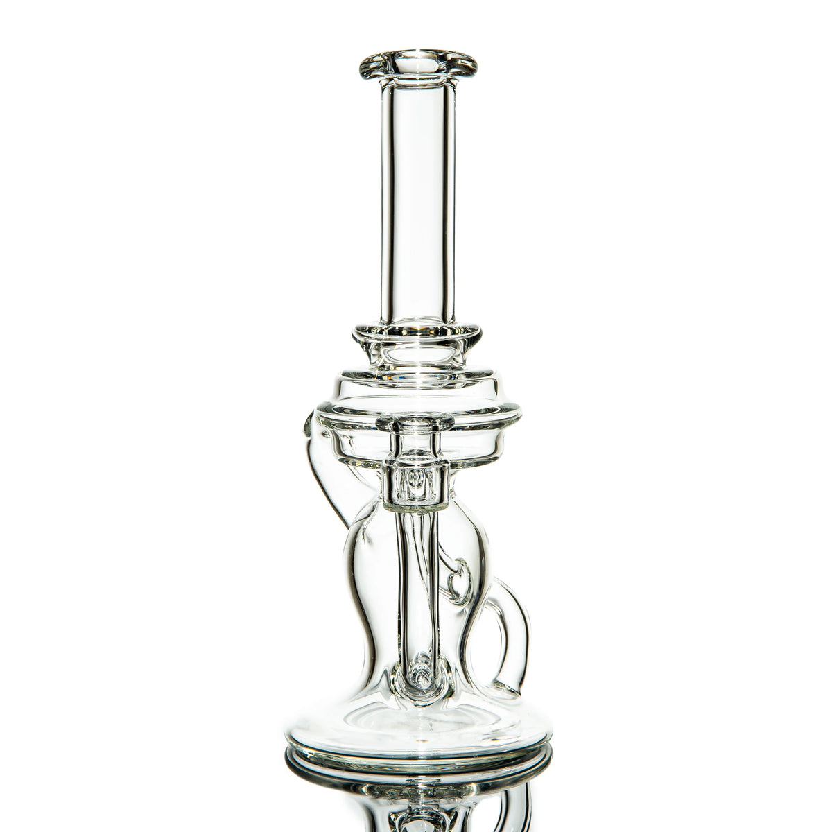 Clear heady glass water pipe with intricate percolator design on white background