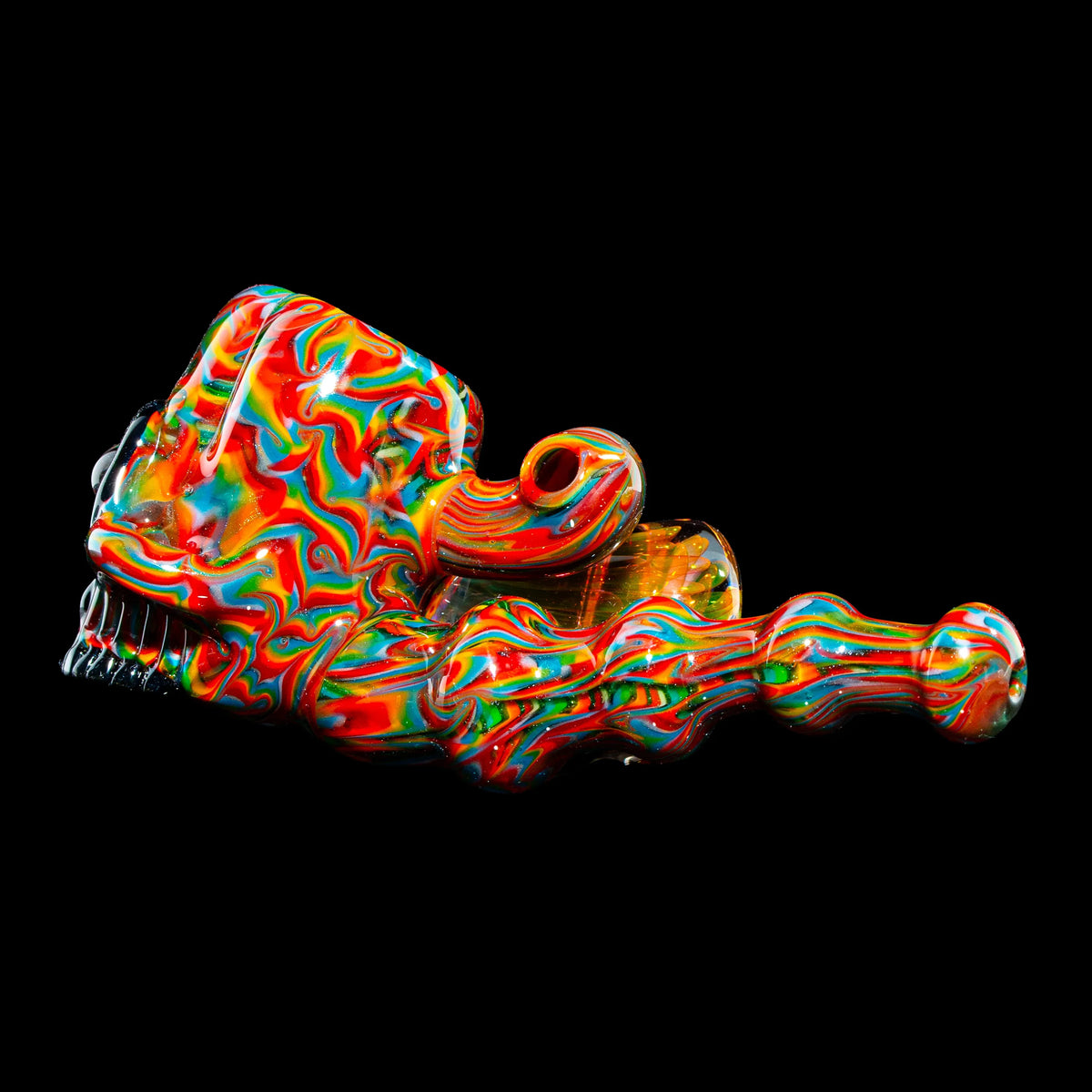 Colorful heady glass pipe with vibrant rainbow swirl design on black background