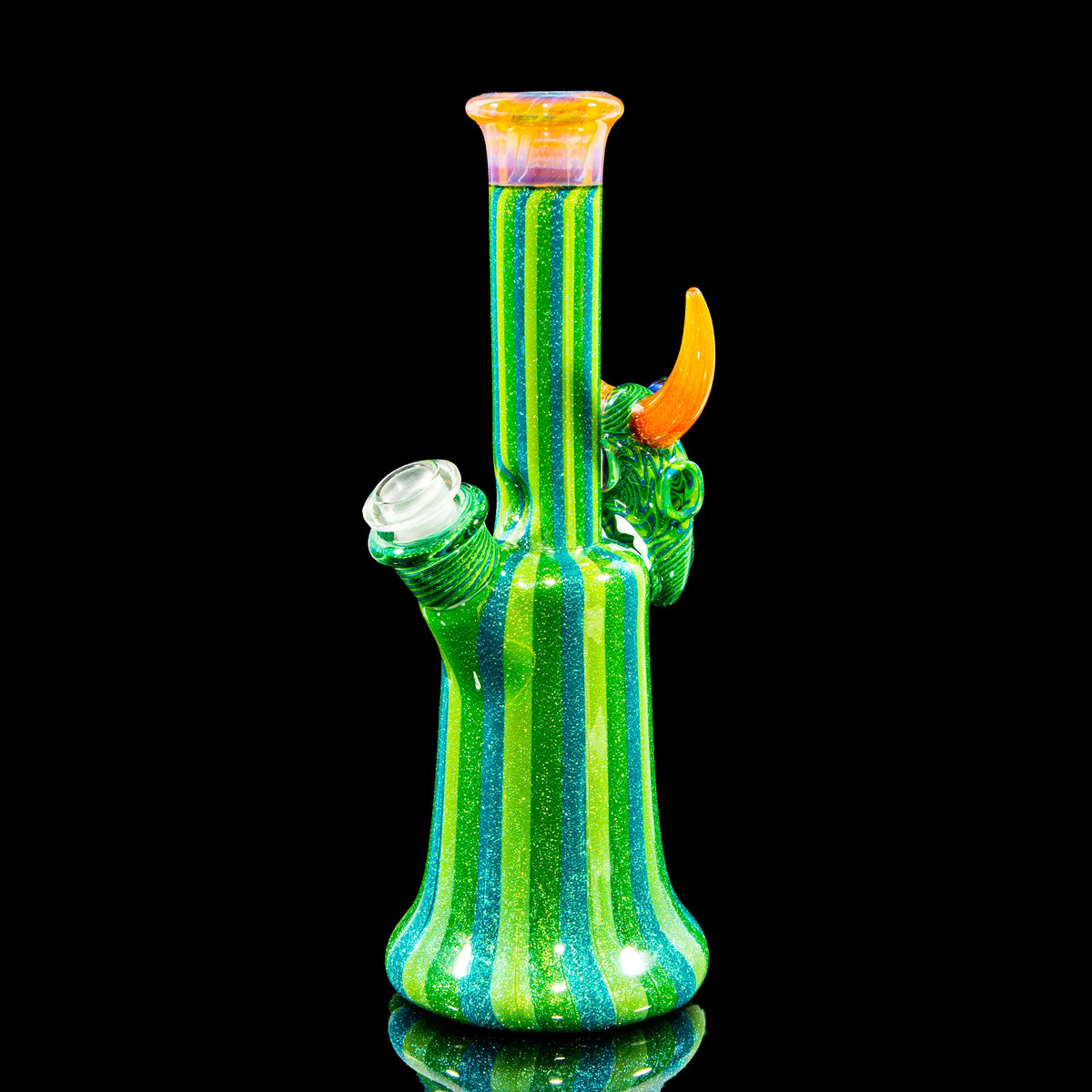 Colorful glass water pipe with green and yellow stripes, orange horn, artistic design