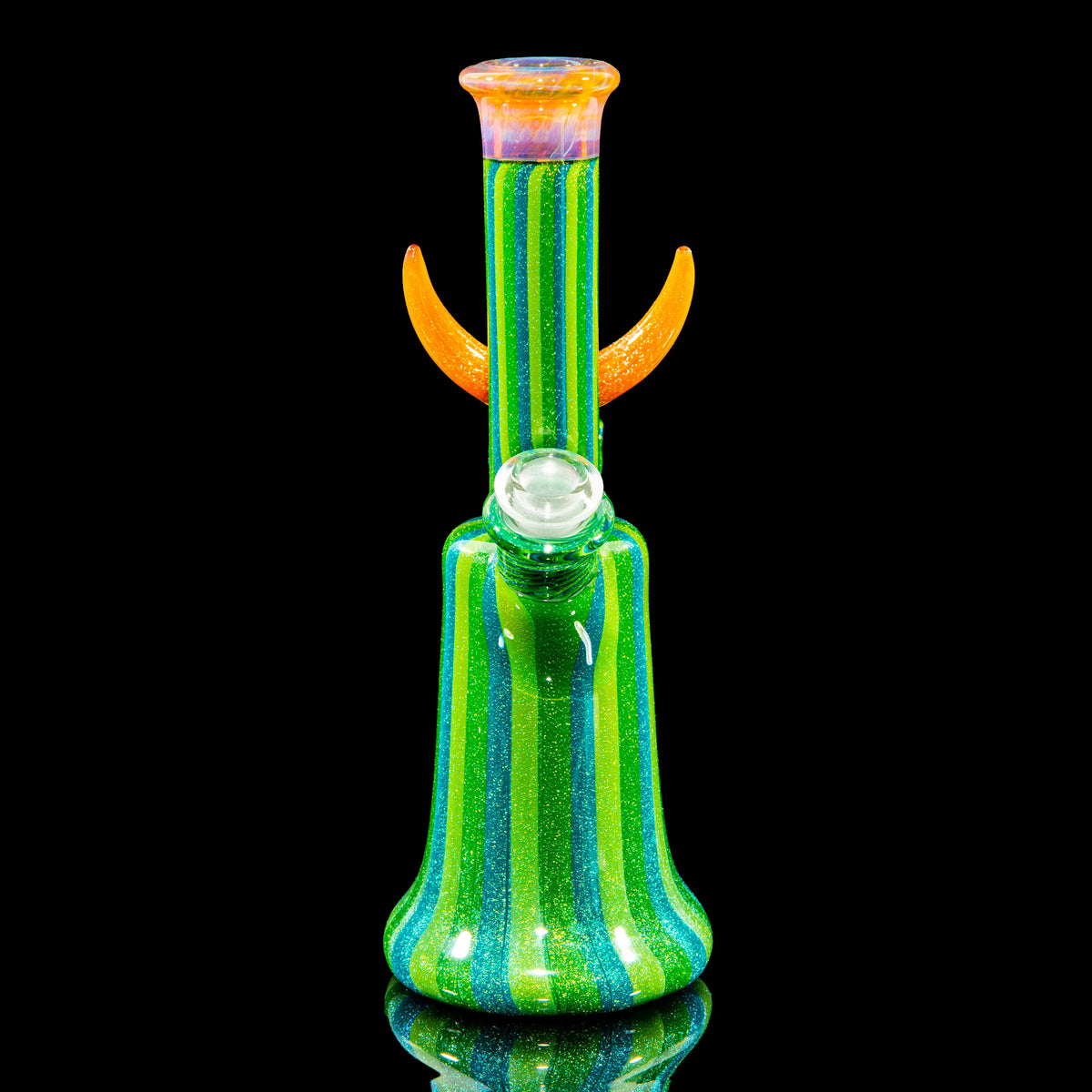 Colorful striped glass water pipe with orange horn accents on black background