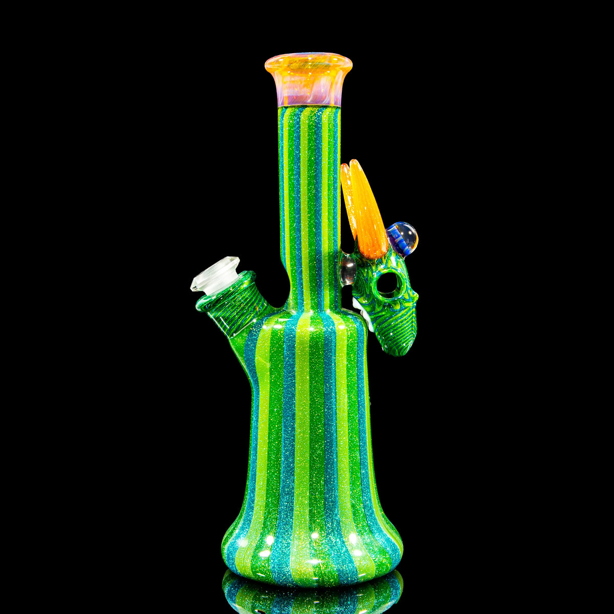 Heady glass water pipe with green and blue stripes, orange accents, and artistic details