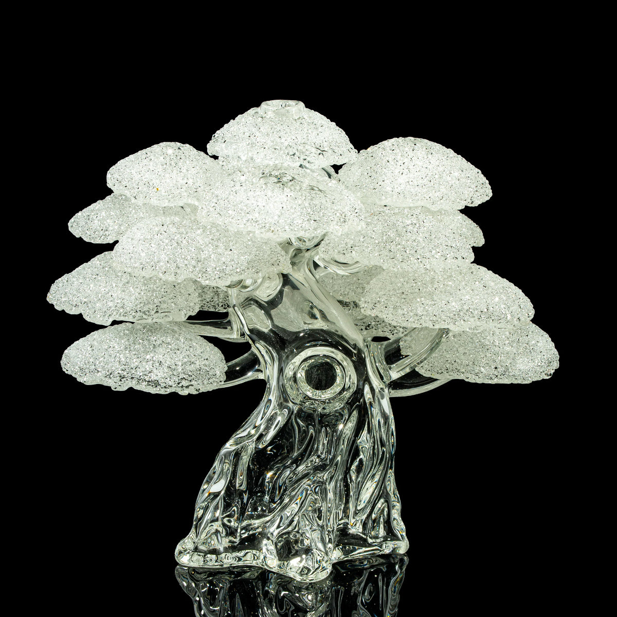Intricate glass tree sculpture with textured, frosted branches on a black background