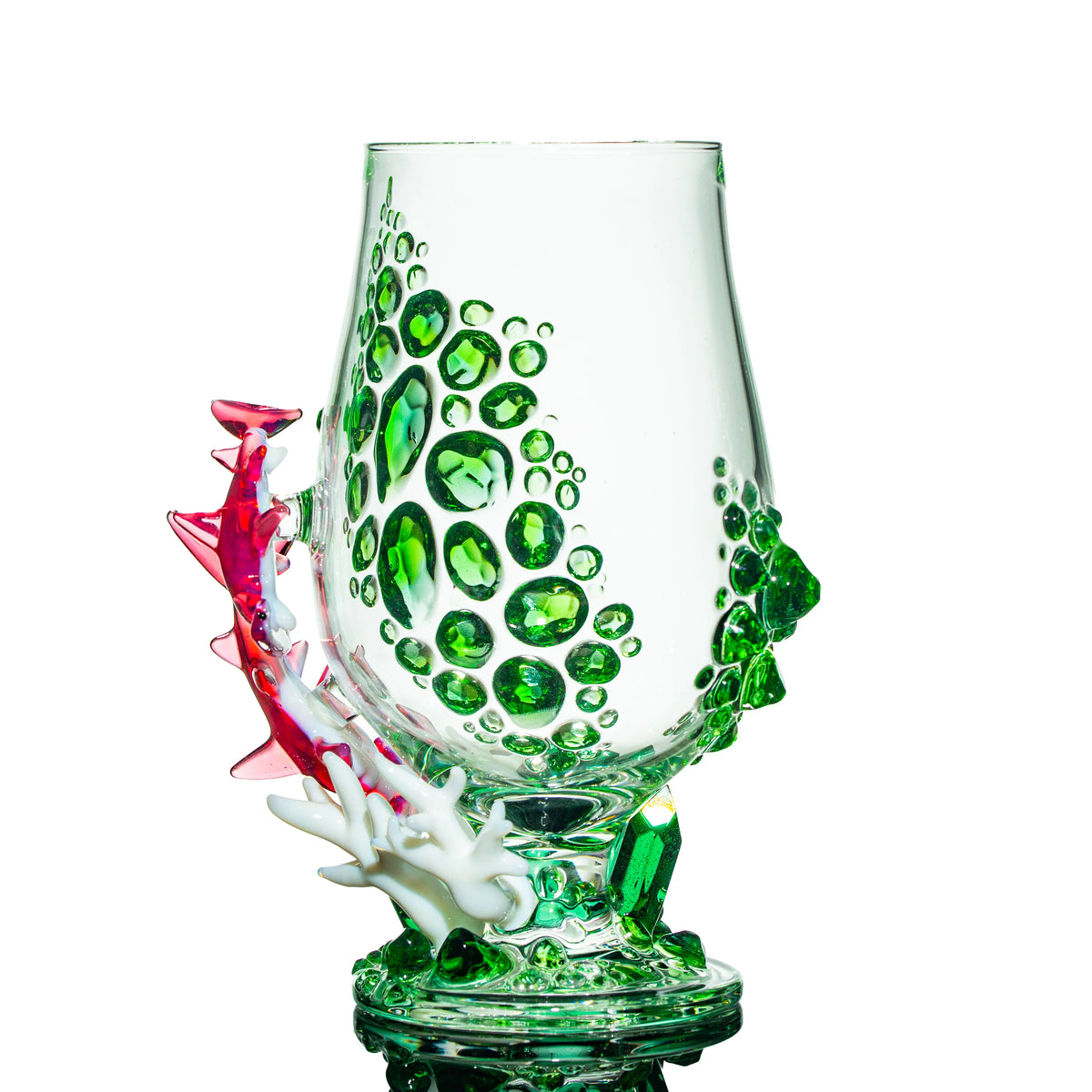 Heady glass water pipe with green gem-like accents and colorful sculpted details
