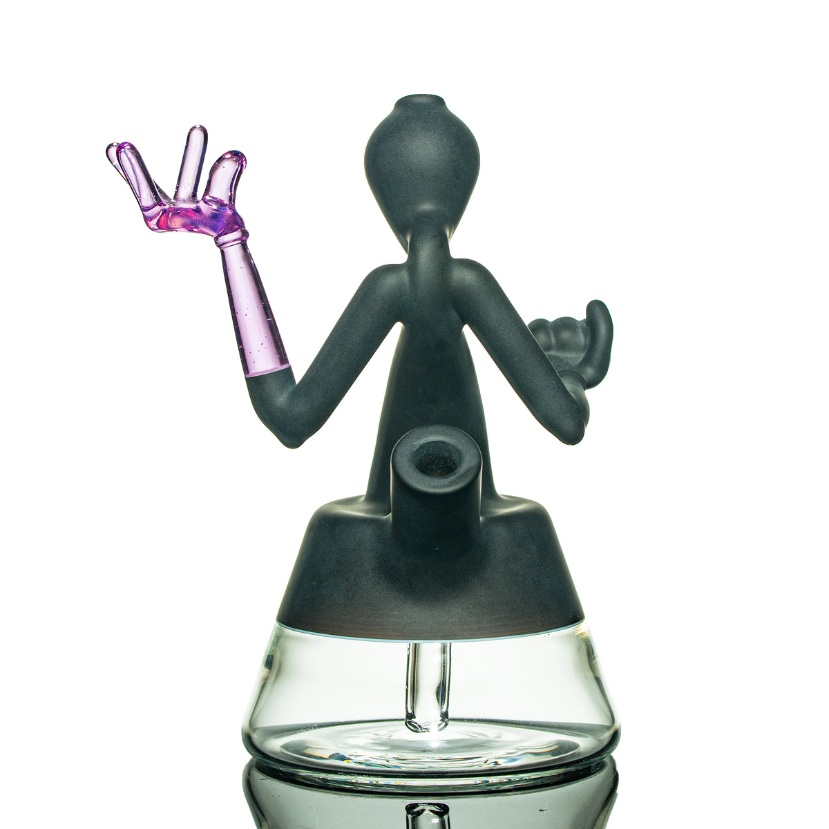 Unique glass water pipe shaped like an alien with a purple hand, heady glass accessory