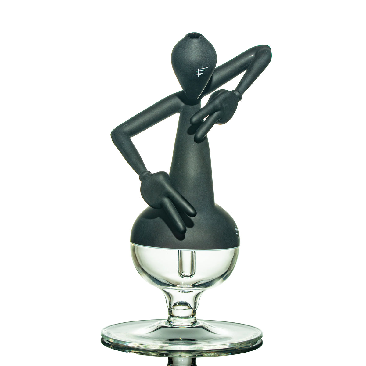 Heady black and clear glass water pipe with artistic figure design on white background