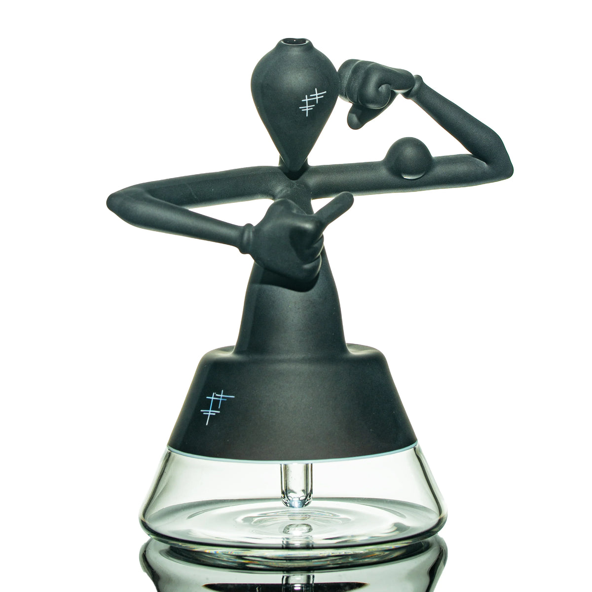 Black artistic glass water pipe with unique abstract figure design on clear glass base