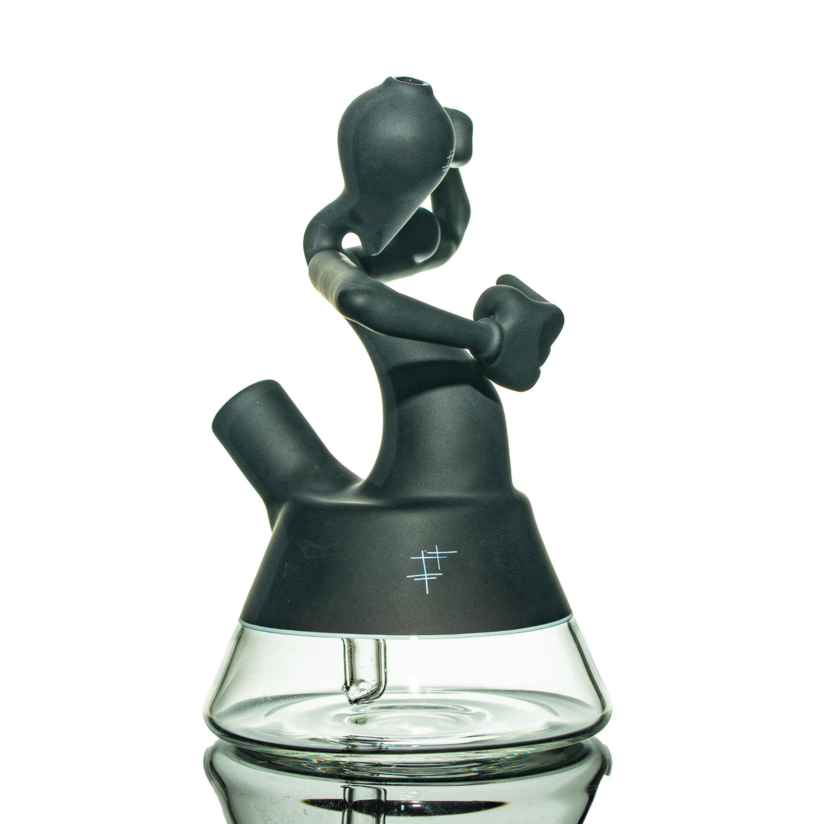 Black and clear artistic glass water pipe with unique sculpted figure design on white background
