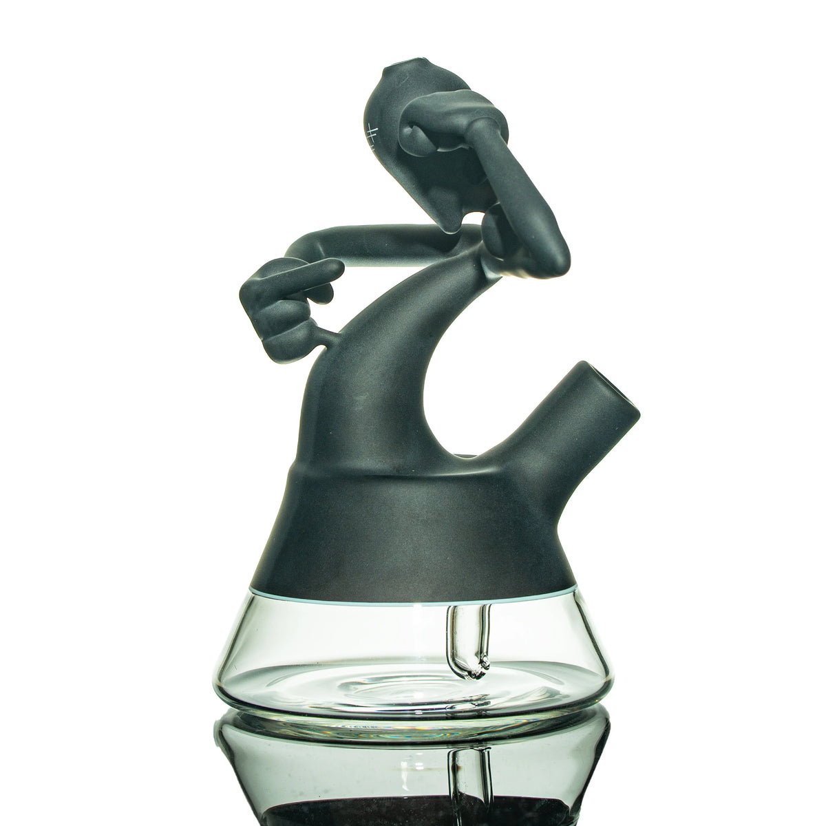 Black and clear glass water pipe featuring abstract figure design, on white background