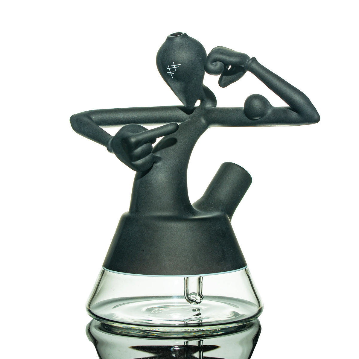 Unique black and clear glass water pipe featuring an abstract figure design, on white background.