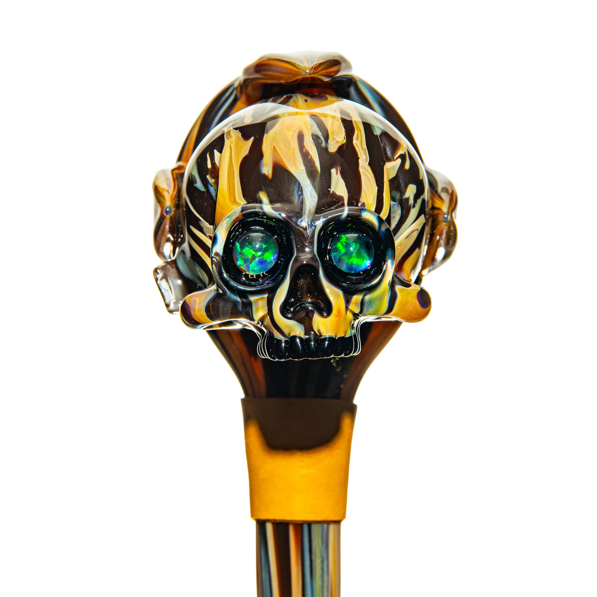 Colorful glass hand pipe with a skull design and opal eyes, heady glass smoking accessory