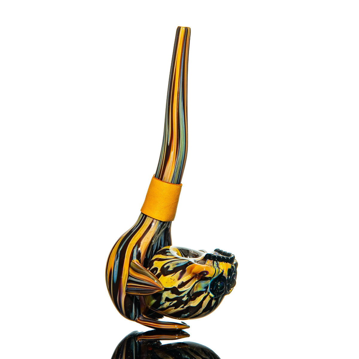 Heady glass pipe with colorful, marbled patterns and an intricate artistic design
