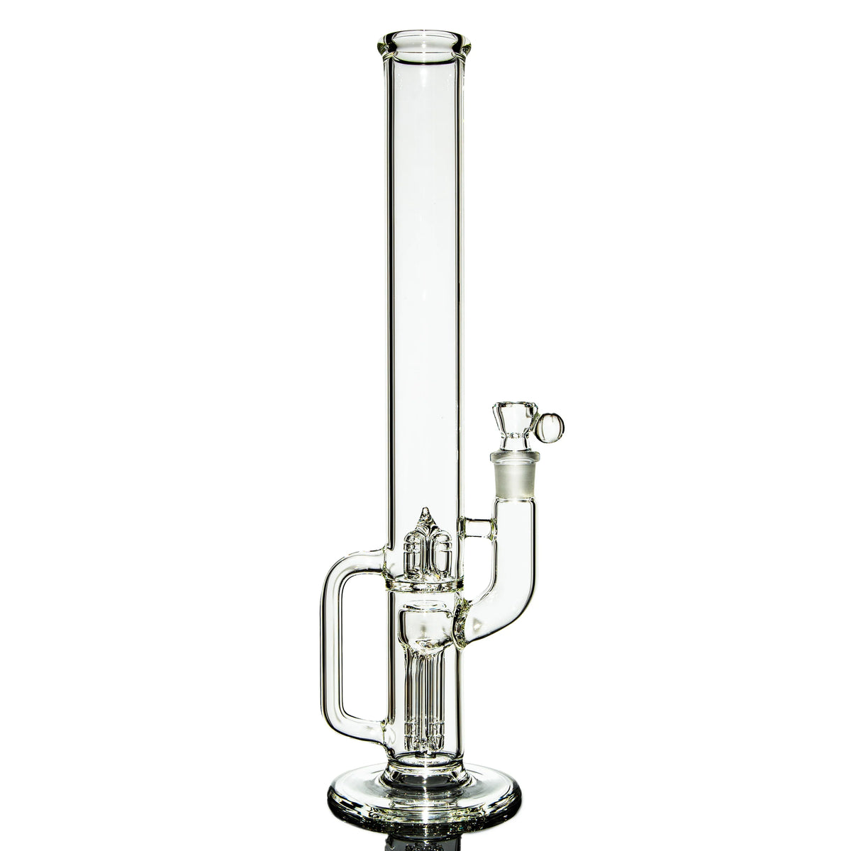 Clear glass water pipe with percolator and side handle on white background