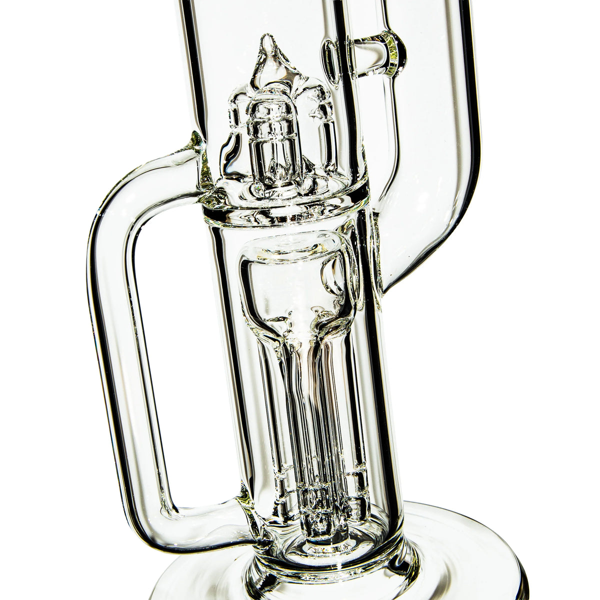 Close-up of clear glass water pipe with intricate percolator and handle, isolated on white.