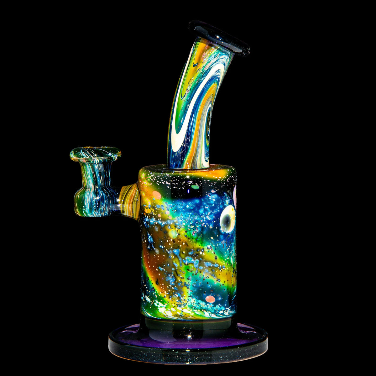 Heady glass water pipe with vibrant galaxy design and colorful swirling patterns