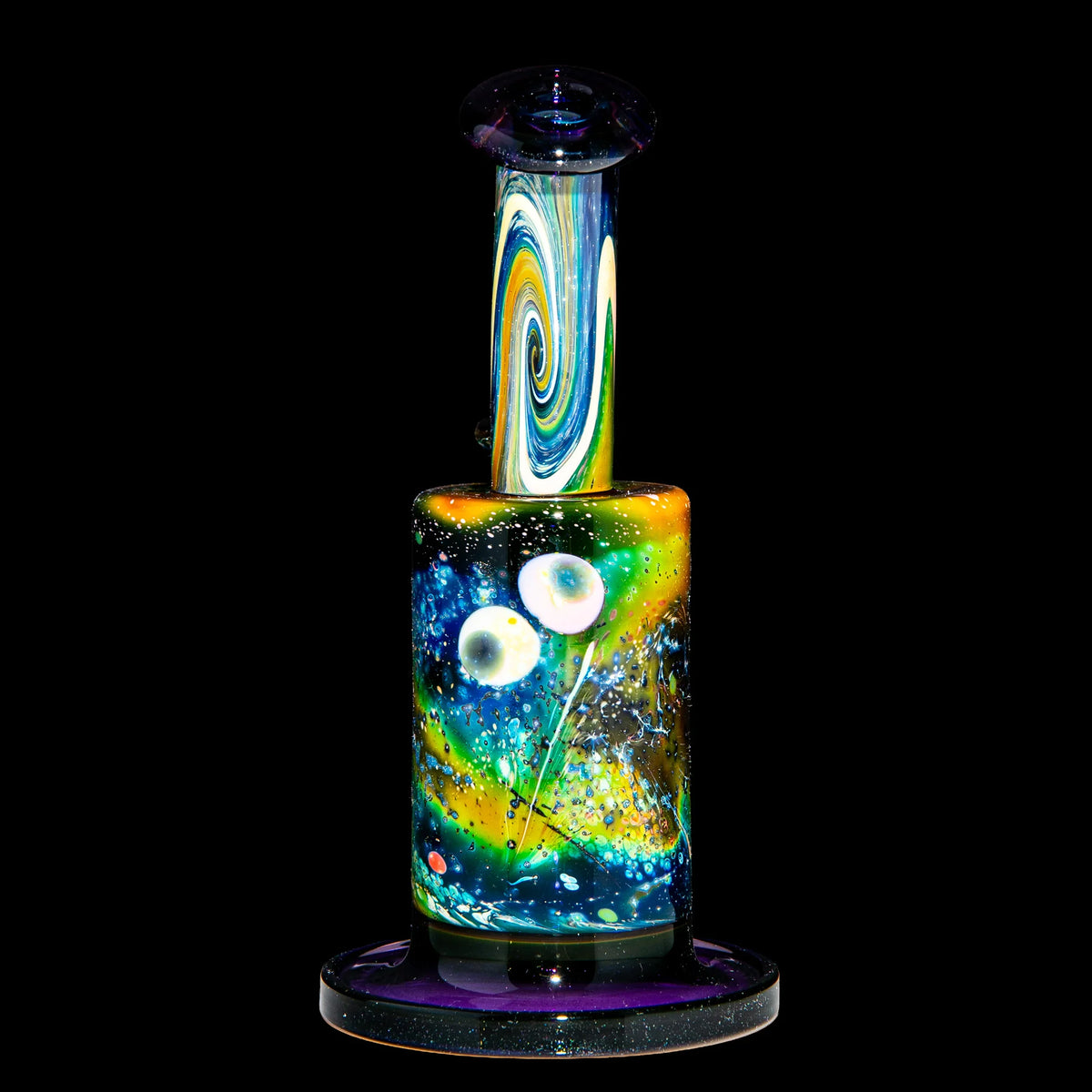 Heady glass water pipe with cosmic galaxy design, vibrant colors, art glass accessory