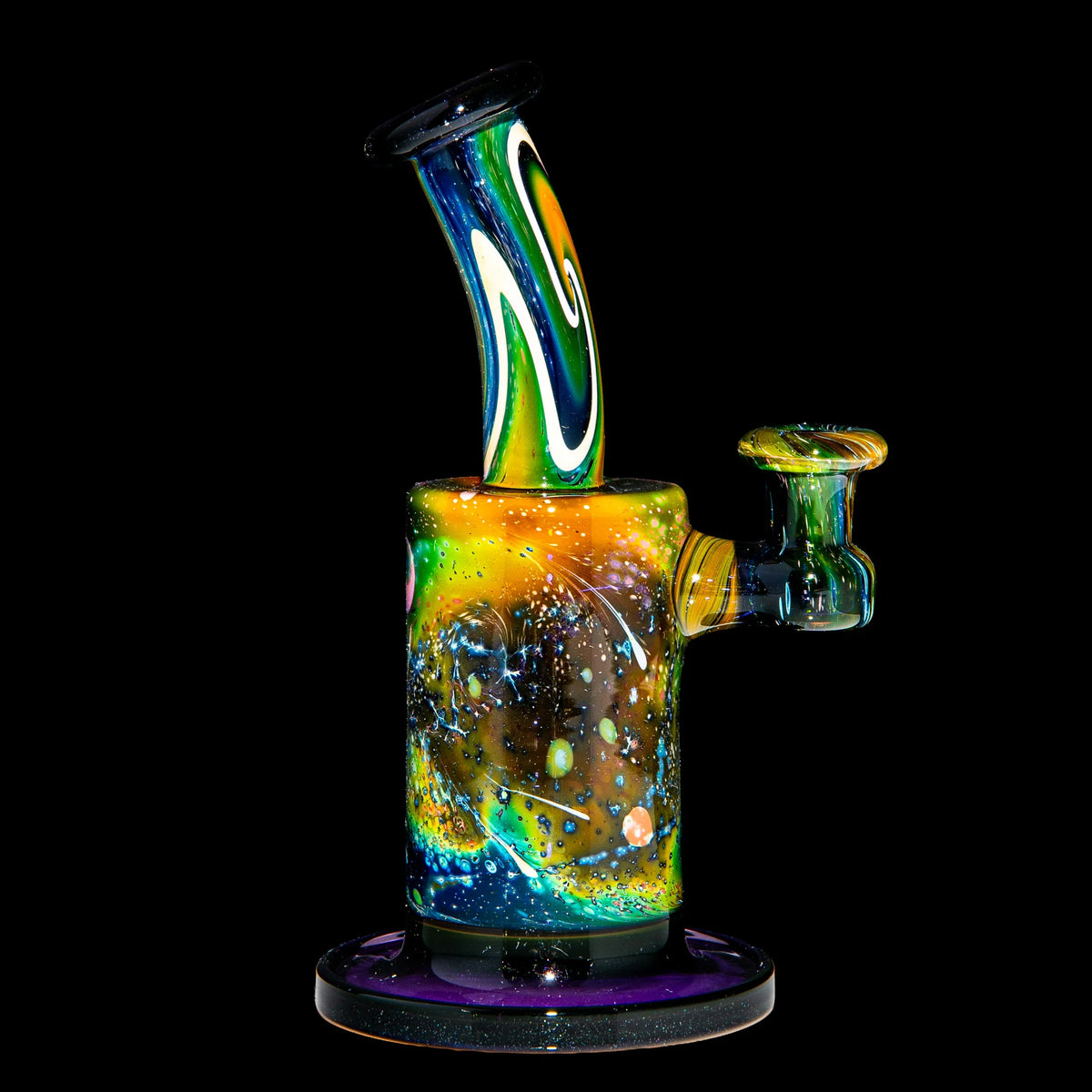 Colorful heady glass water pipe with galaxy design on black background