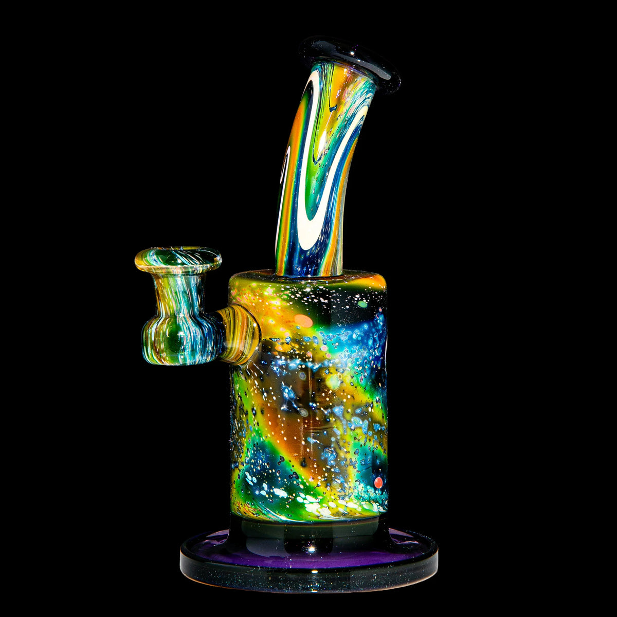 Colorful heady glass water pipe with cosmic swirl design on black background