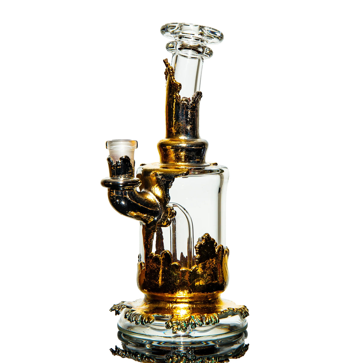 Clear glass water pipe with gold accents and intricate decorative details