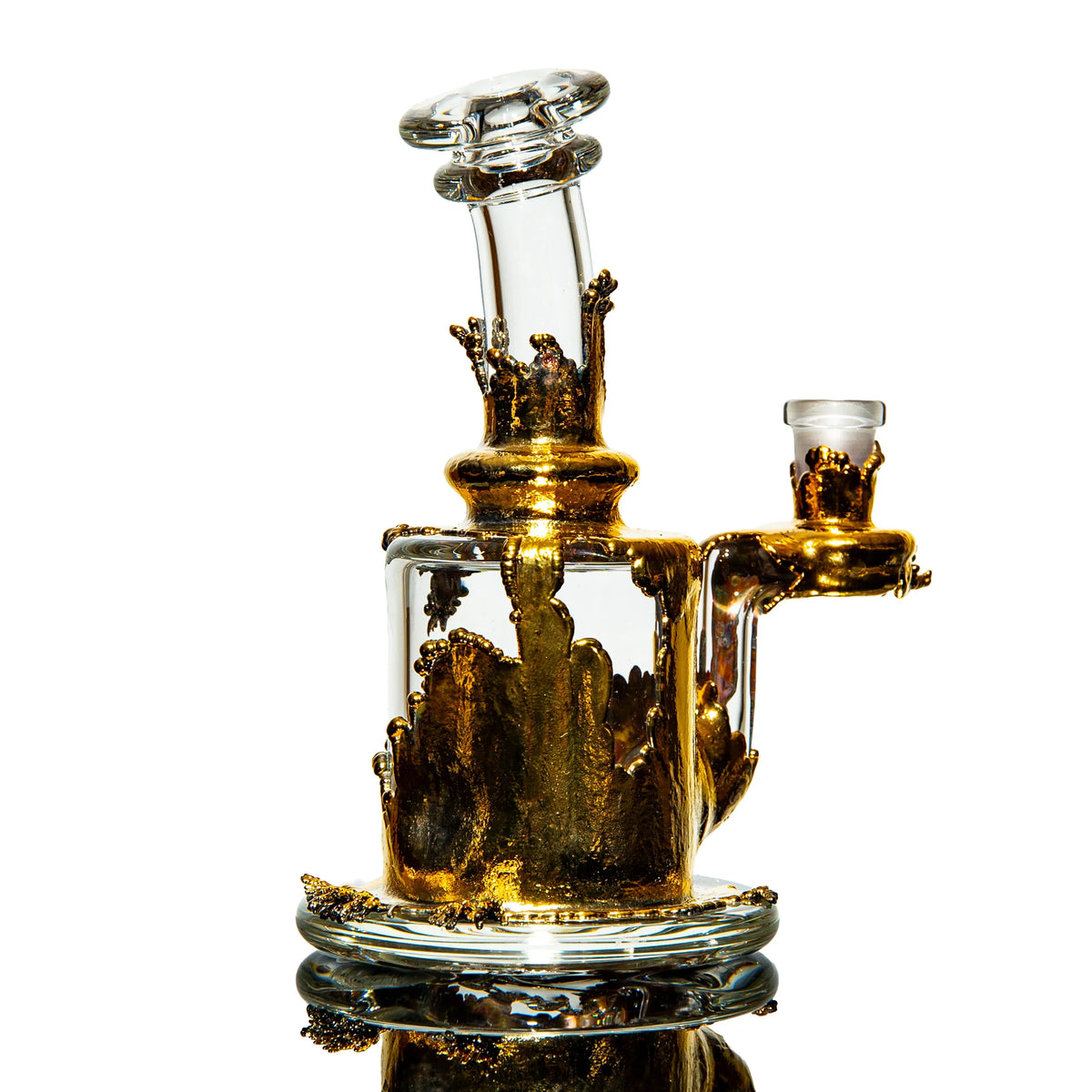 Artistic glass water pipe with gold accent detailing on a white background