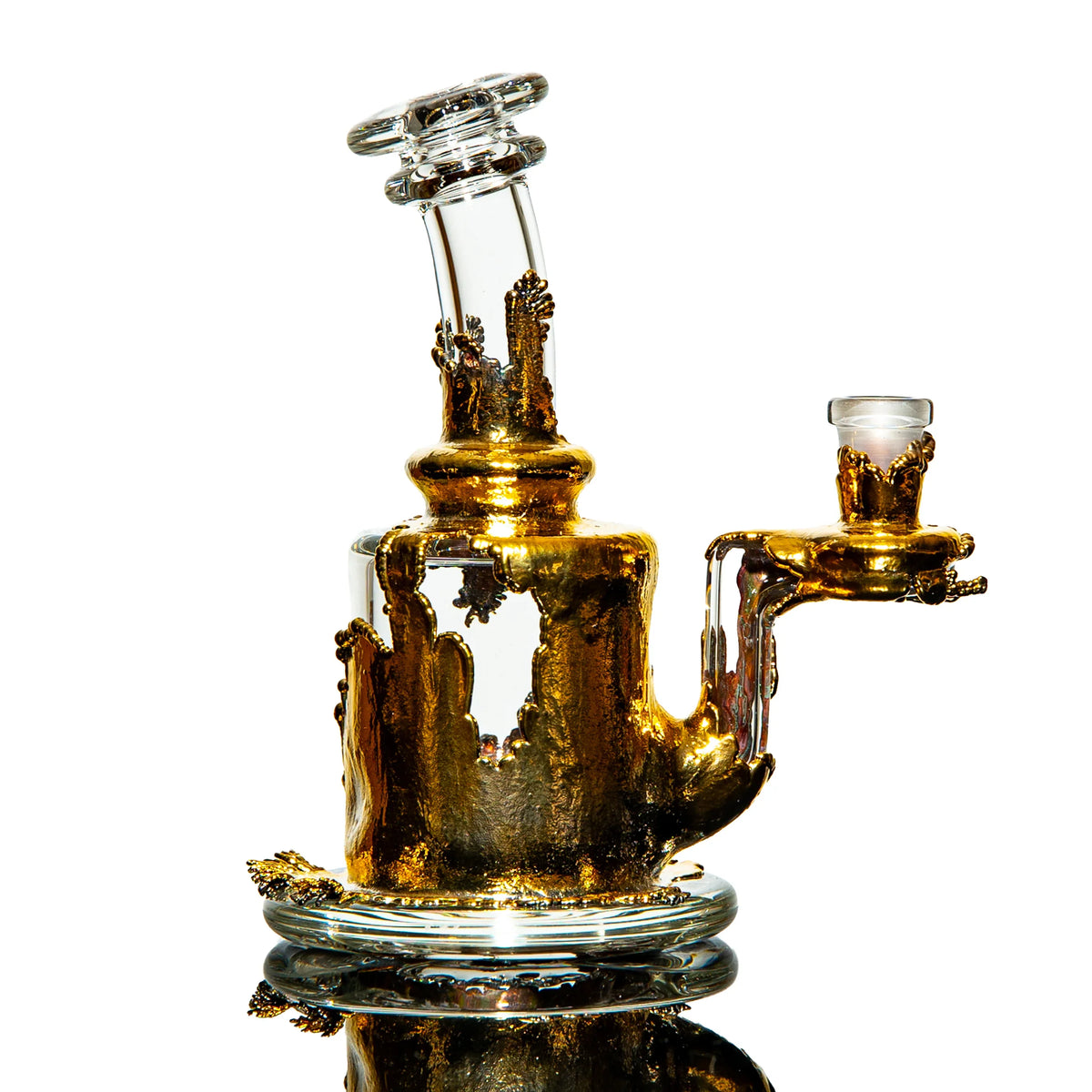 Heady glass water pipe with gold accents, premium artistic smoking accessory on white background.